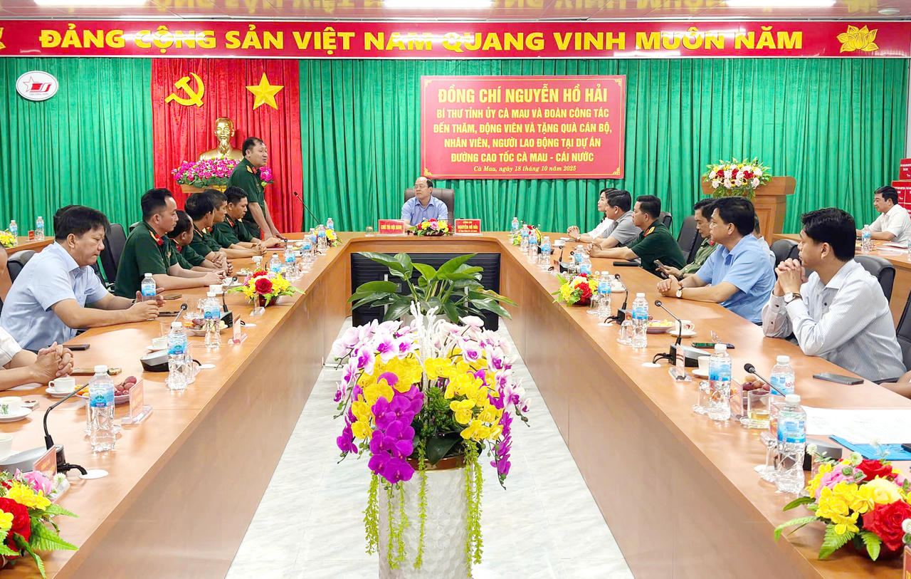 Đại tá Võ Khắc Hưng - Phó Tư lệnh Binh đoàn 12 (Bộ Quốc phòng), báo cáo tiến độ thi công Dự án đường bộ cao tốc Cà Mau - Cái Nước.
