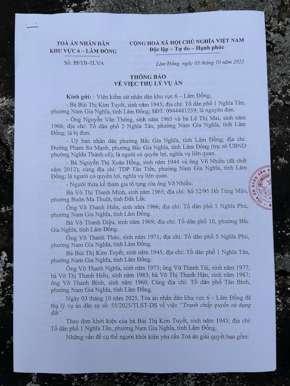 Thông báo thụ lý vụ án số 55/TB-TLVA. 
(Ảnh: Đức Lâm)
