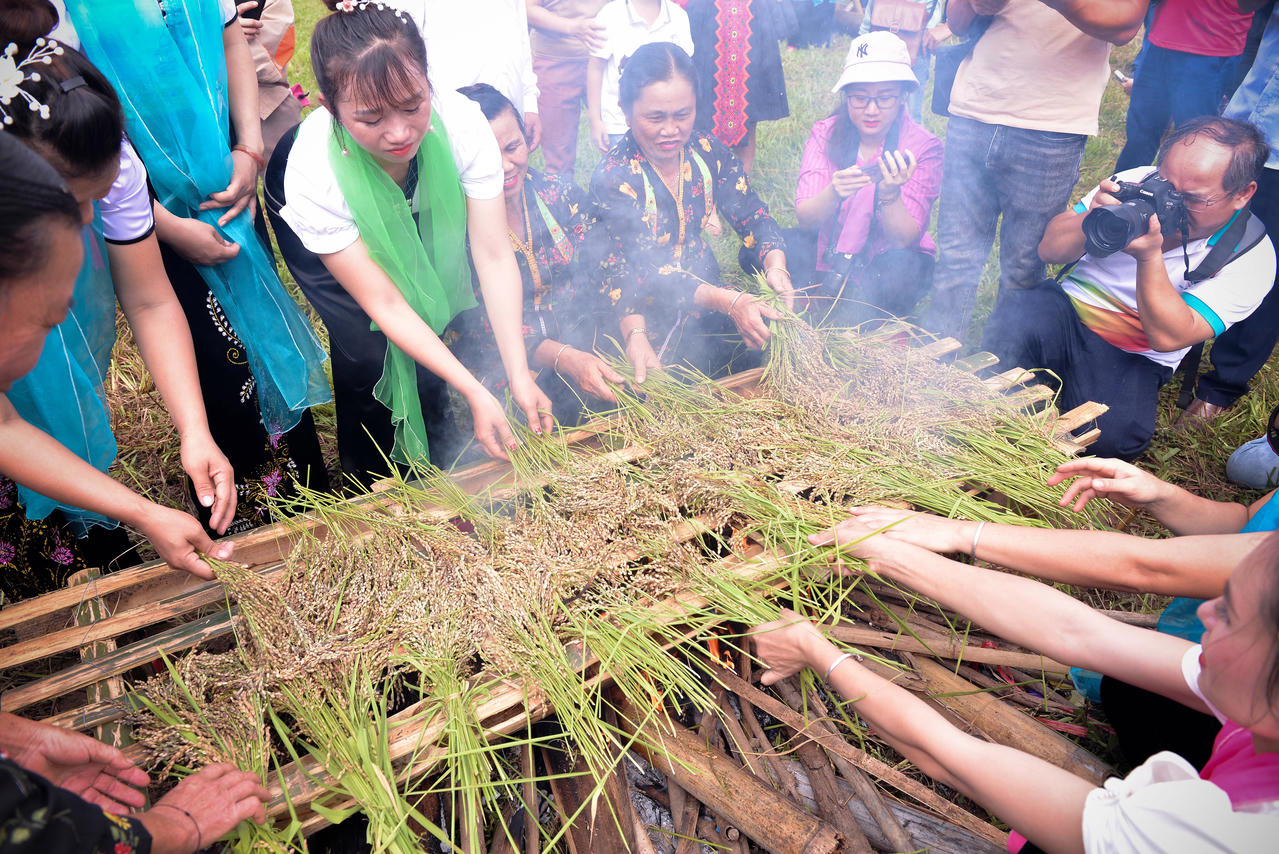 Thóc được nướng trên bếp than hồng, chuẩn bị cho công đoạn làm cốm mới.