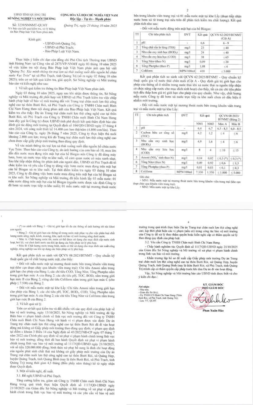 Văn bản của Sở NN&MT tỉnh Quảng Trị gửi UBND tỉnh, UBND xã Phú Trạch và Báo Pháp luật Việt Nam.