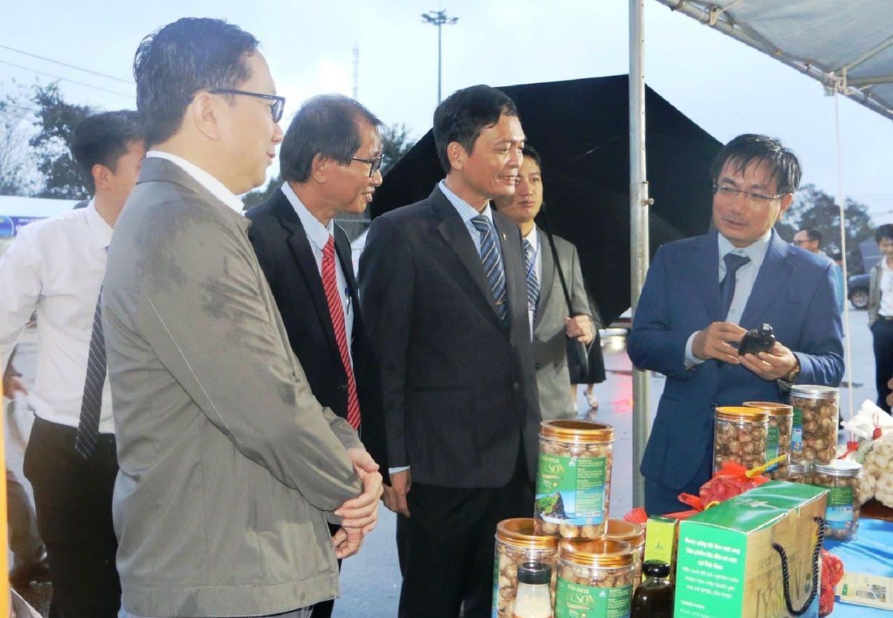 Lãnh đạo tỉnh Quảng Ngãi tham quan các gian hàng ứng dụng công nghệ số, các sản phẩm nông nghiệp, du lịch thông minh.