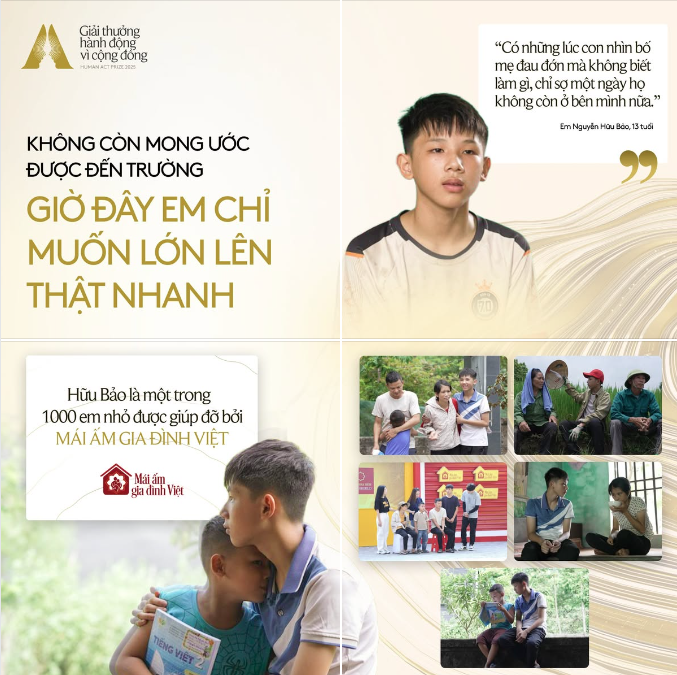 Câu chuyện về Hữu Bảo, một trong hơn 1.000 em nhỏ tại “Mái ấm gia đình Việt” được đăng tải trên trang chính thức của Giải thưởng Human Act Prize 2025, nhận được nhiều lượt tương tác và chia sẻ.