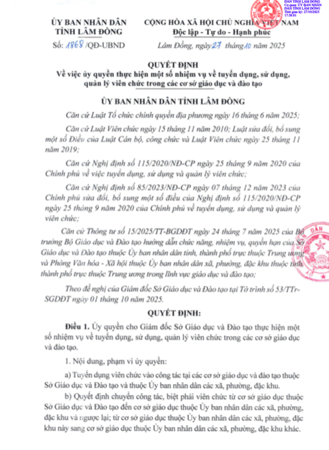 UBND tỉnh Lâm Đồng uỷ quyền cho Giám đốc Sở GD&amp;ĐT tuyền dụng, luân chuyển viên chức tại các cơ sở giáo dục.