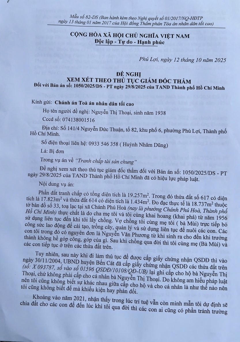 Cụ Thoại đã có đơn gửi Chánh án TAND tối cao, đề nghị xem xét theo thủ tục giám đốc thẩm với Bản án 1050/2025/DS-PT của TAND TP HCM.
(Ảnh trong bài: B.Yên)