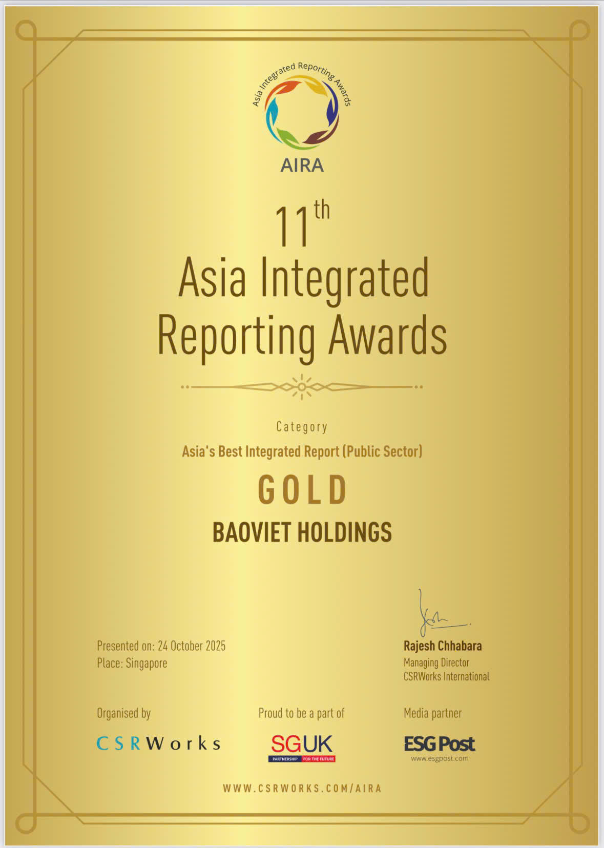Bảo Việt đạt giải Vàng Báo cáo tích hợp xuất sắc nhất Châu Á tại Lễ trao giải AIRA 2025
