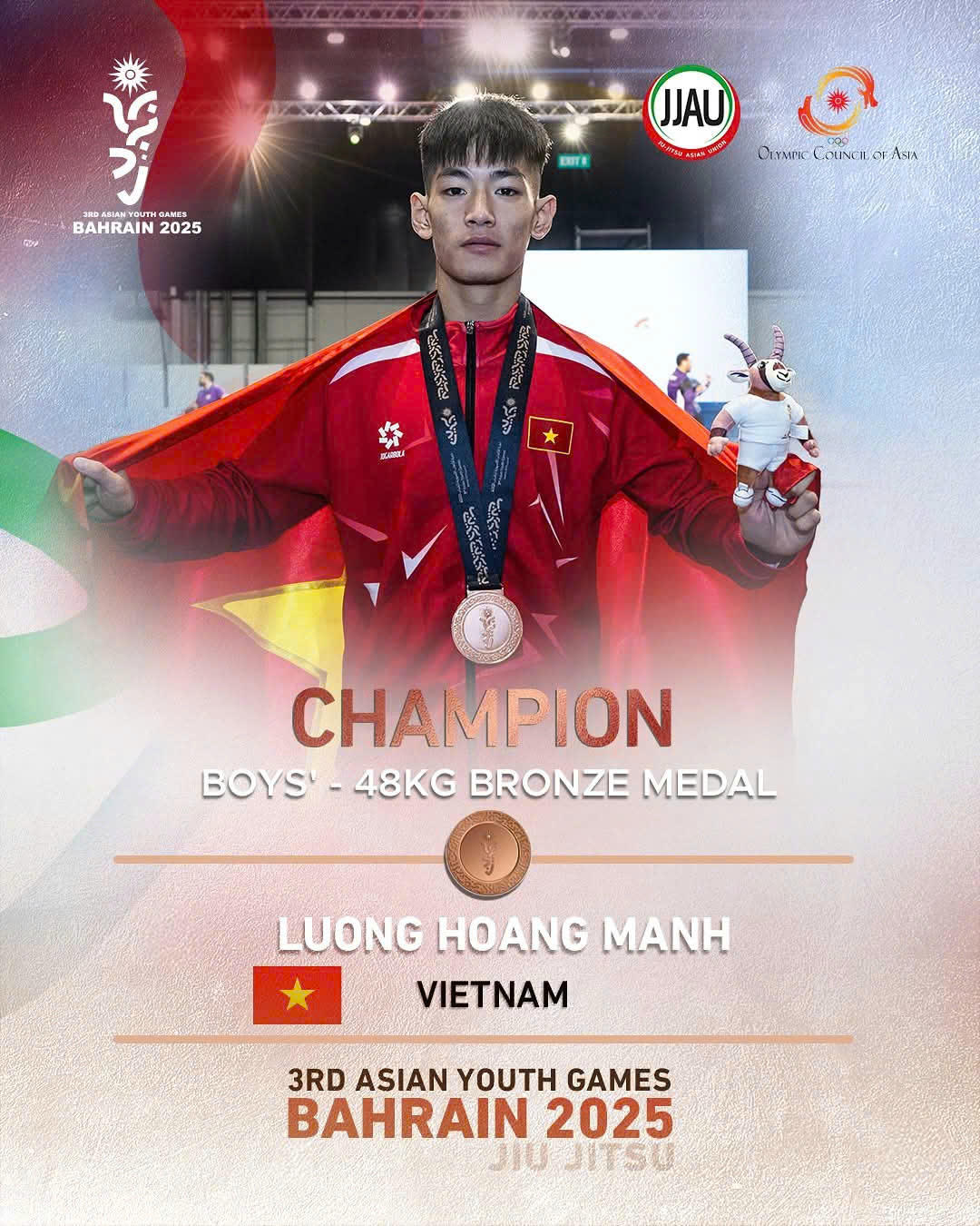 VĐV Hoàng Mạnh Lượng đóng góp 1 HCĐ môn Jujitsu hạng 48kg nam cho đoàn thể thao Việt Nam tham gia Đại hội Thể thao trẻ Châu Á (AYG) lần thứ 3 - 2025.