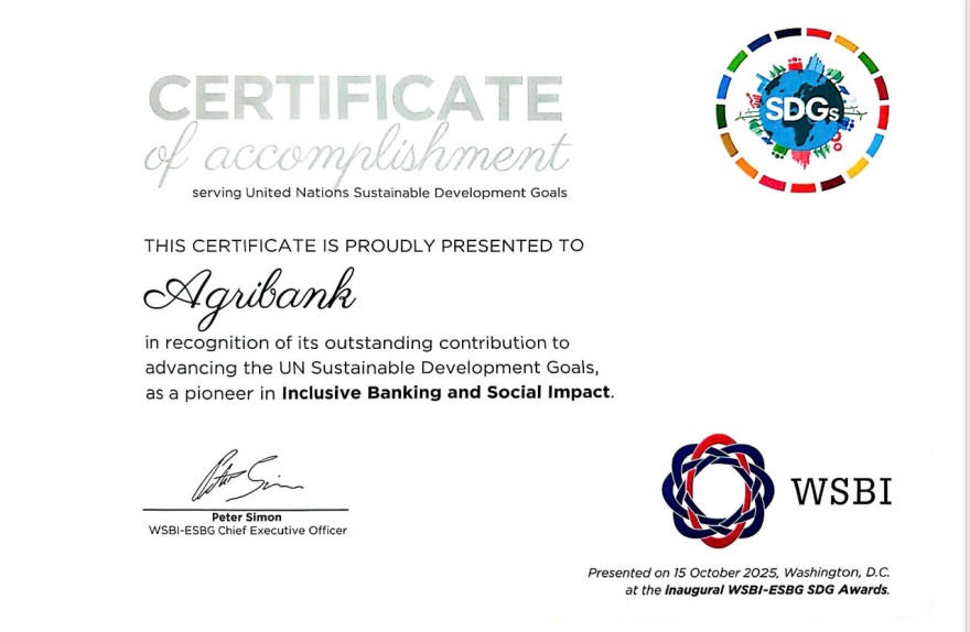 Agribank được WSBI-ESBG vinh danh Giải thưởng Phát triển bền vững 2025