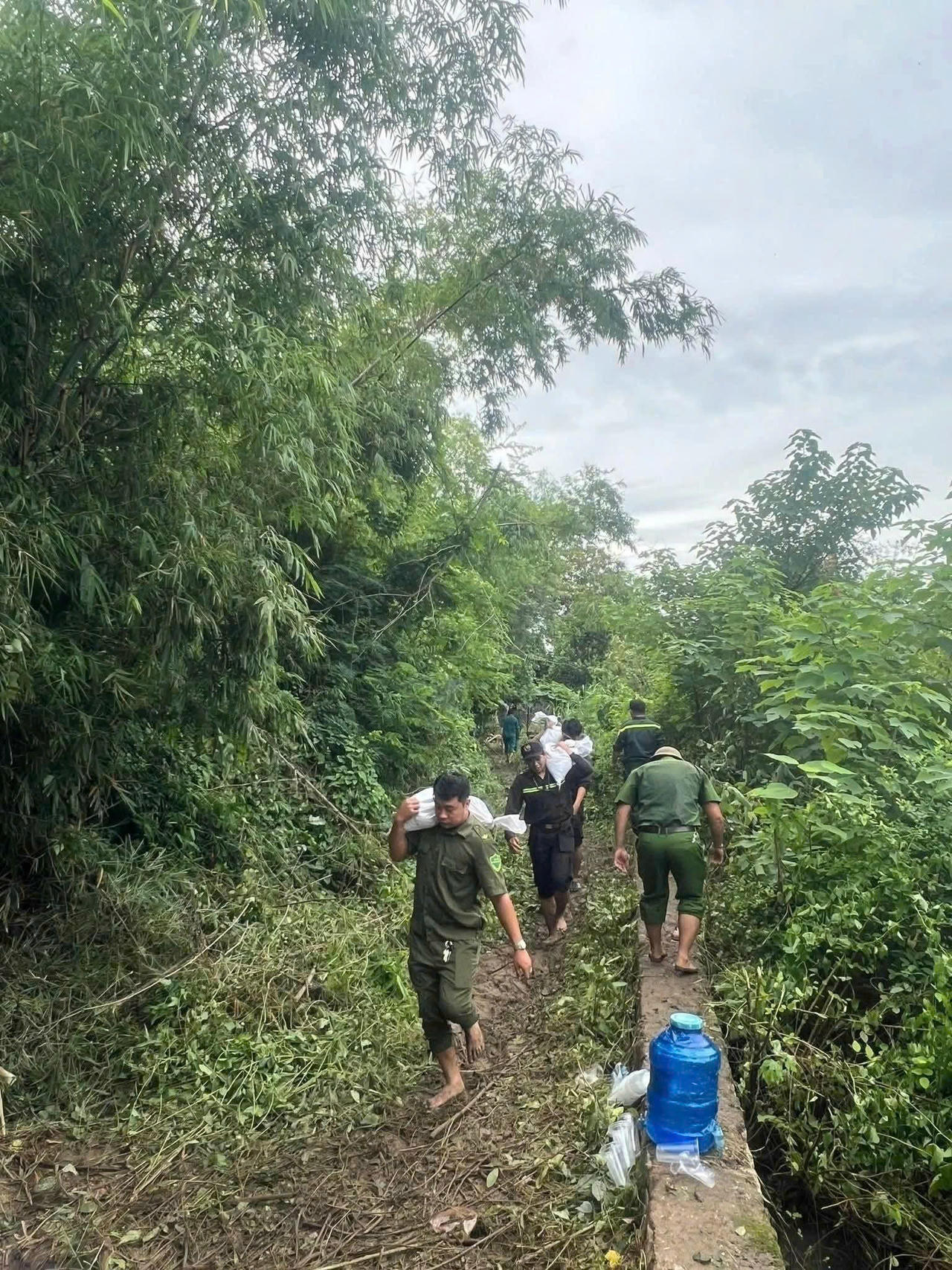 Lực lượng Công an xã Tuy Phước Bắc tích cực tham gia vận chuyển vật tư, bao đất để khắc phục sự cố sụt lún đê tại thôn An Cửu