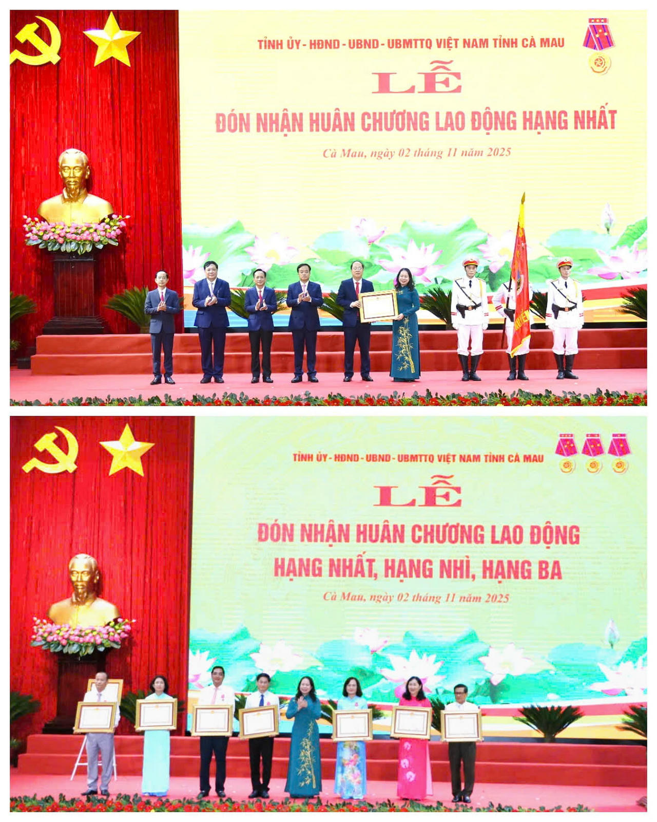 Thay mặt lãnh đạo Đảng, Nhà nước, Phó Chủ tịch nước Võ Thị Ánh Xuân trao Huân chương Lao động hạng Nhất cho Đảng bộ, chính quyền và Nhân dân tỉnh Cà Mau; trao Huân chương Lao động hạng Nhất, Nhì, Ba cho 7 cá nhân.