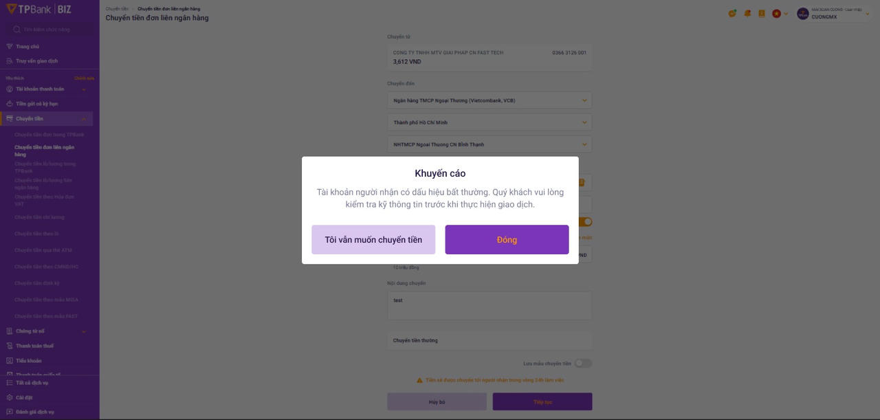 TPBank gửi khuyến cáo đến người dùng khi phát hiện tài khoản người nhận có dấu hiệu bất thường.