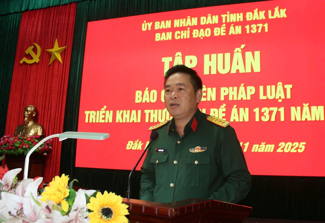 Đại tá Đinh Văn Hưng - Chính ủy Bộ Chỉ huy Quân sự tỉnh Đắk Lắk phát biểu