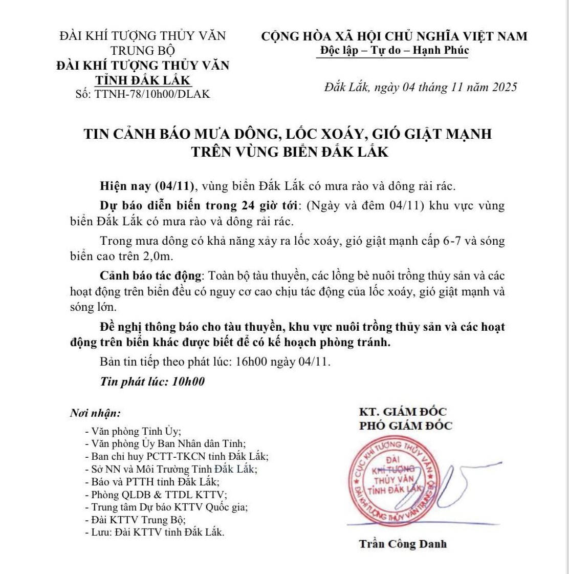 Tin cảnh báo của Đài Khí tượng thủy văn tỉnh Đắk Lắk.