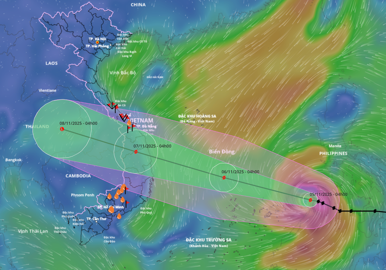 Dự báo vị trí và hướng di chuyển bão Kalmaegi; bão số 13 dự kiến ảnh hưởng đến đất liền nước ta từ chiều tối 6/11 – Ảnh: VNDMS