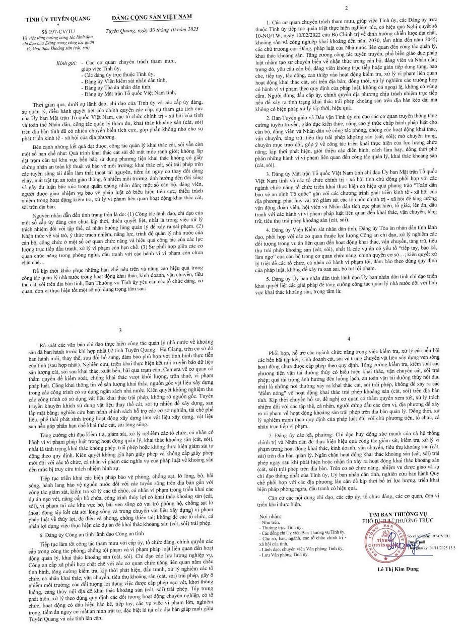 Công văn chỉ đạo của tỉnh Tuyên Quang. (Ảnh: Lê Hanh)