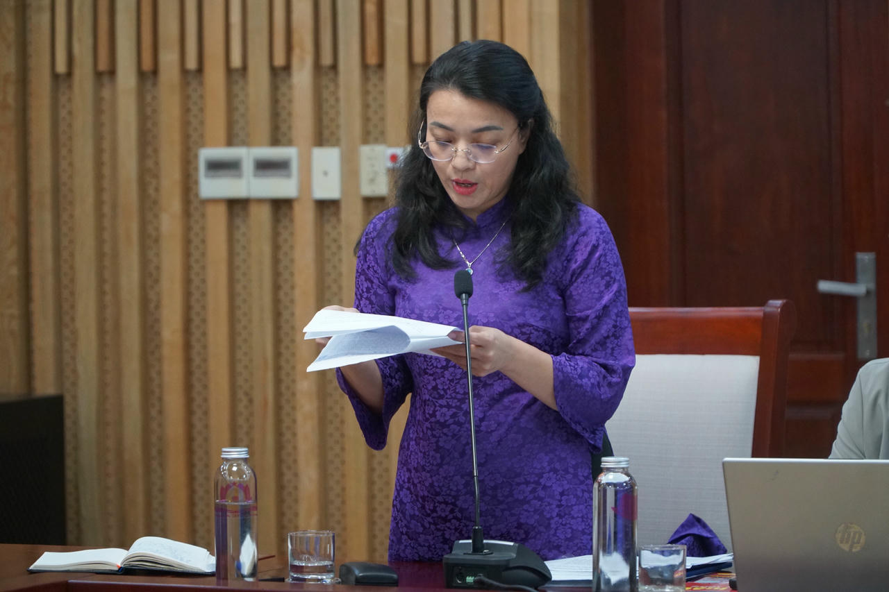 Bà Hoàng Thị Thu Trang - Giám đốc Sở Tư pháp Nghệ An phát biểu khai mạc hội nghị. Ảnh: Tuyết Lan