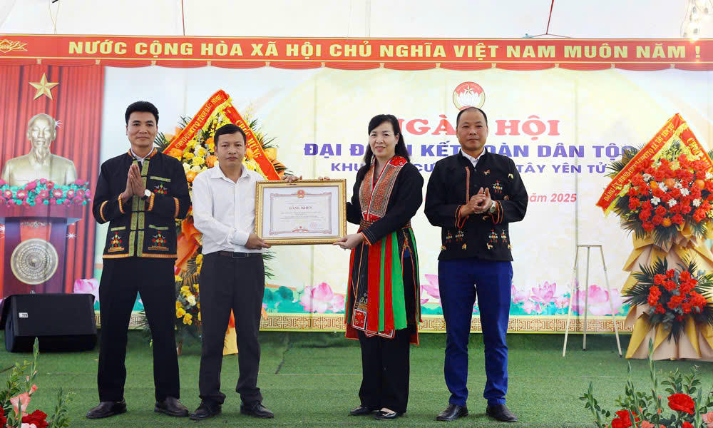 Chủ tịch Ủy ban MTTQ tỉnh Nguyễn Thị Hà trao Bằng khen của Chủ tịch UBND tỉnh cho thôn Mậu.