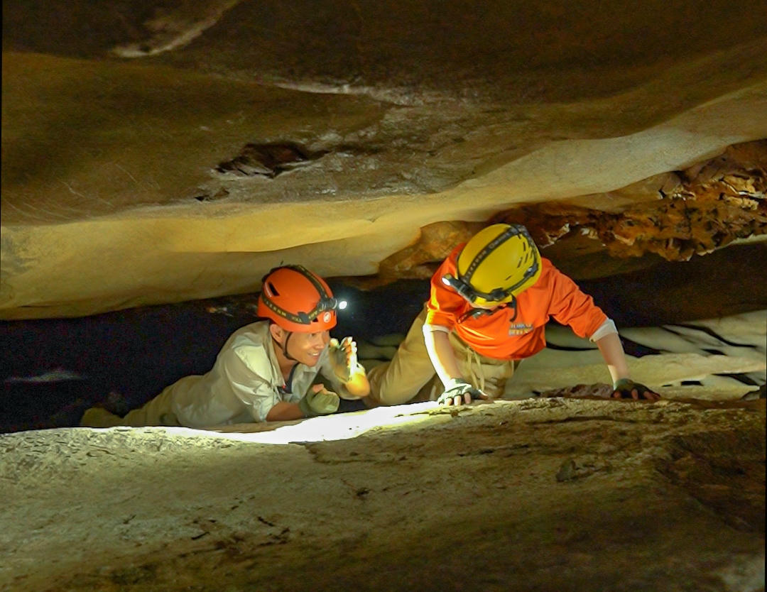 Hành trình khám phá hang động có những đoạn phải hạ thấp người để bò mới vượt qua những hẻm đá hẹp. Ảnh: Jungle Boss Tours