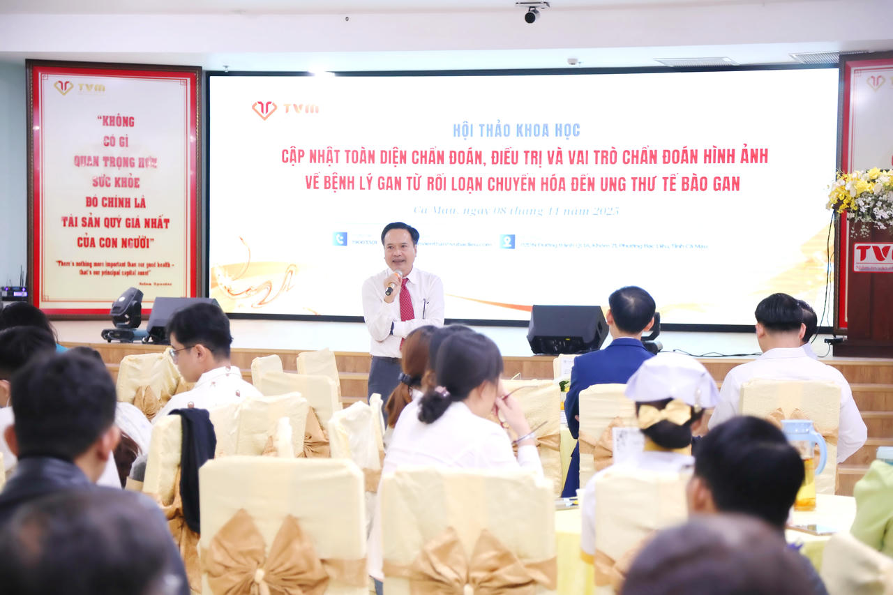 ThS.BS Phạm Thanh Vũ - Chủ tịch HĐQT Bệnh viện Đa khoa Thanh Vũ Medic Bạc Liêu, phát biểu tại Hội thảo “Cập nhật toàn diện chẩn đoán, điều trị và vai trò chẩn đoán hình ảnh trong bệnh lý gan, từ rối loạn chuyển hóa đến ung thư tế bào gan”.