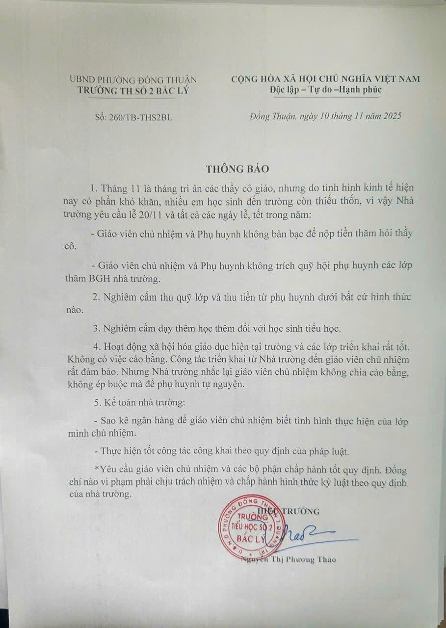 Thông báo của Trường Tiểu học số 2 Bắc Lý.