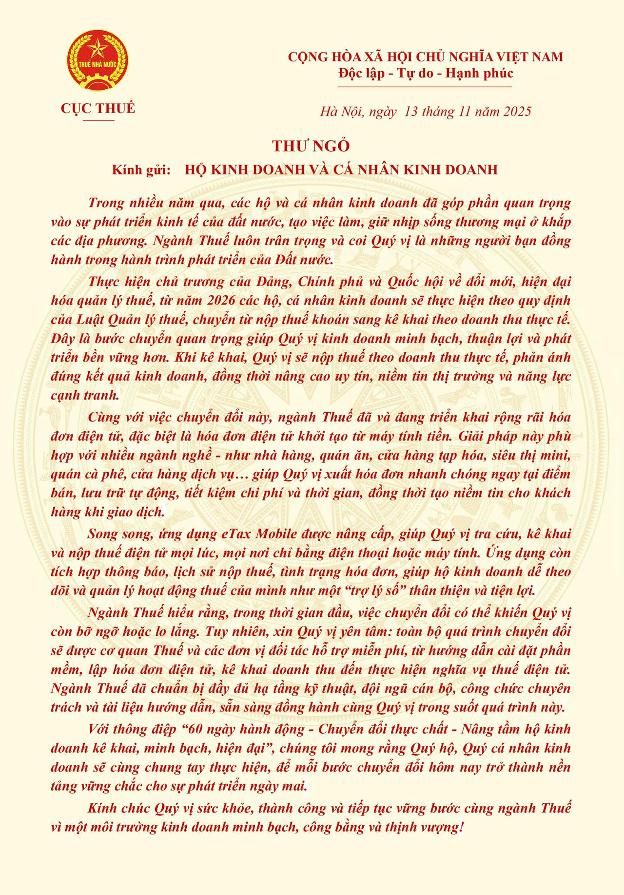 Cục Thuế gửi thư ngỏ về Chiến dịch D60