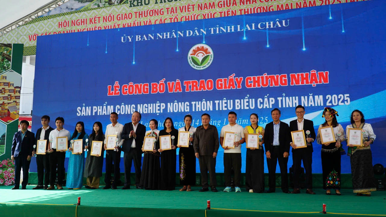 Tại lễ khai mạc, các lãnh đạo đã trao Giấy chứng nhận cho các cơ sở công nghiệp nông thôn tiêu biểu.
