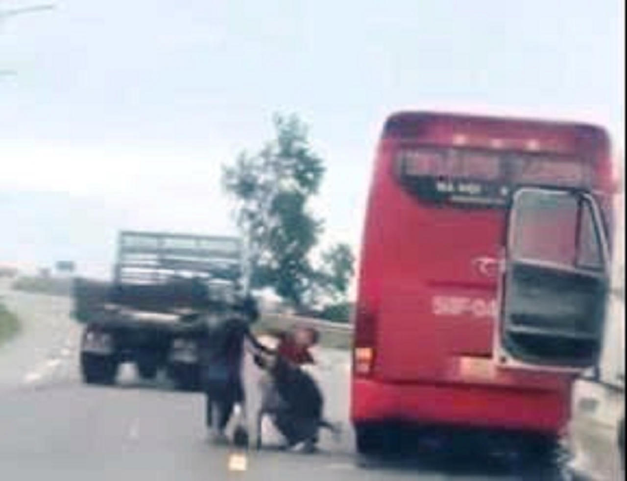 Nhóm người từ xe khách và xe container lao xuống đường ẩu đả trên QL1A. (Ảnh cắt từ video)