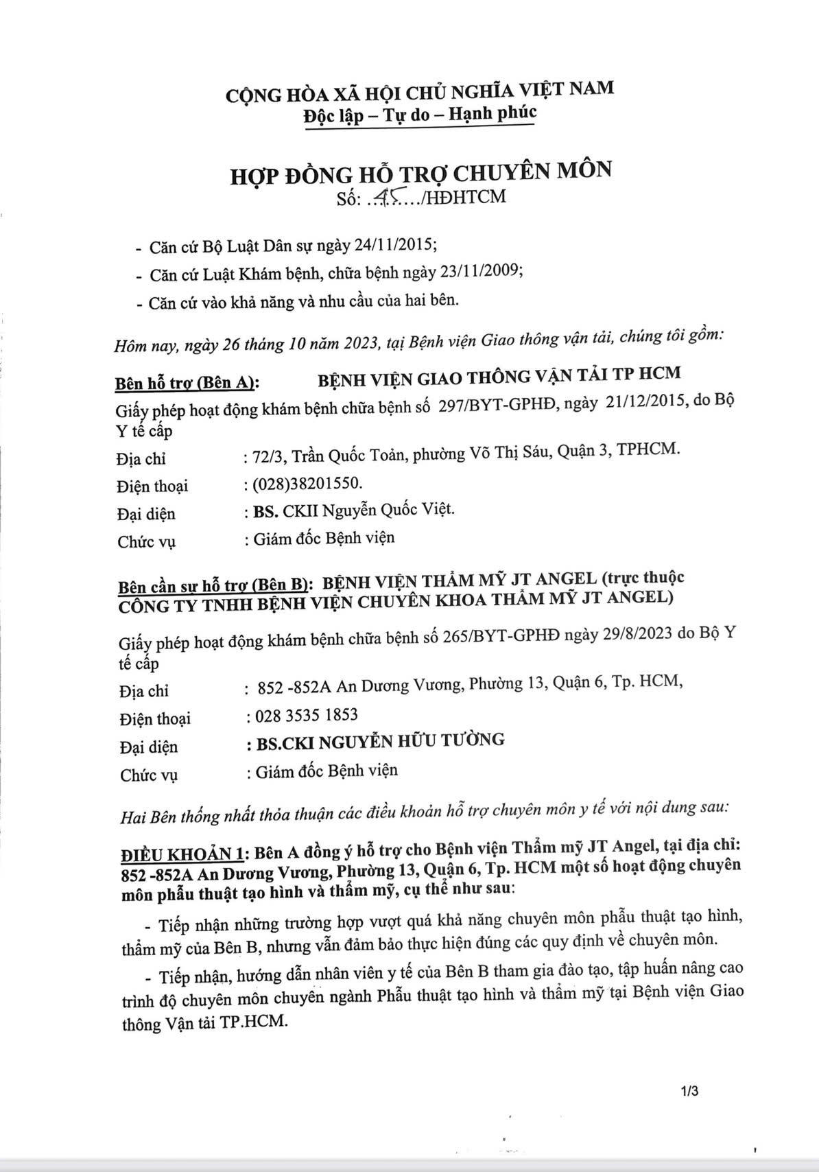 Hợp đồng HTCM giữa BV GTVT  TP HCM và BV JTAngel. (Ảnh trong bài: Trần Tiến)