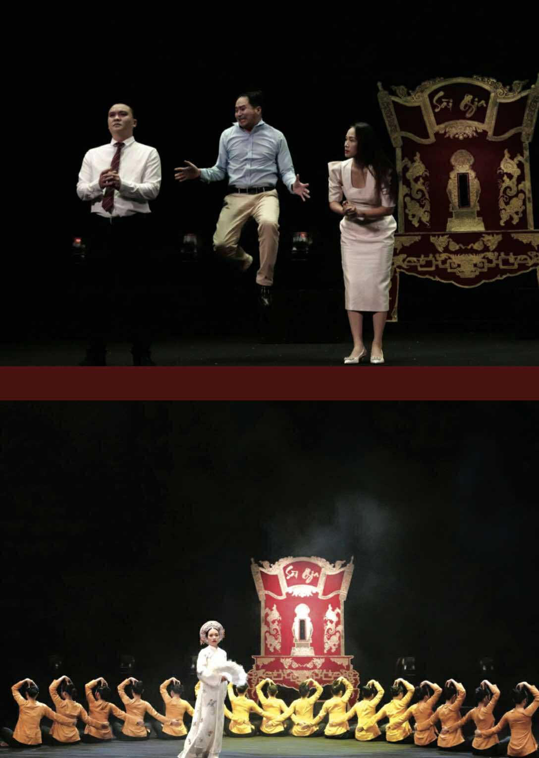 Vở "Các cụ gánh còng lưng" kết hợp chèo, cải lương, rối, múa và âm nhạc truyền thống trong một cấu trúc kịch hiện đại (Ảnh: BTC)