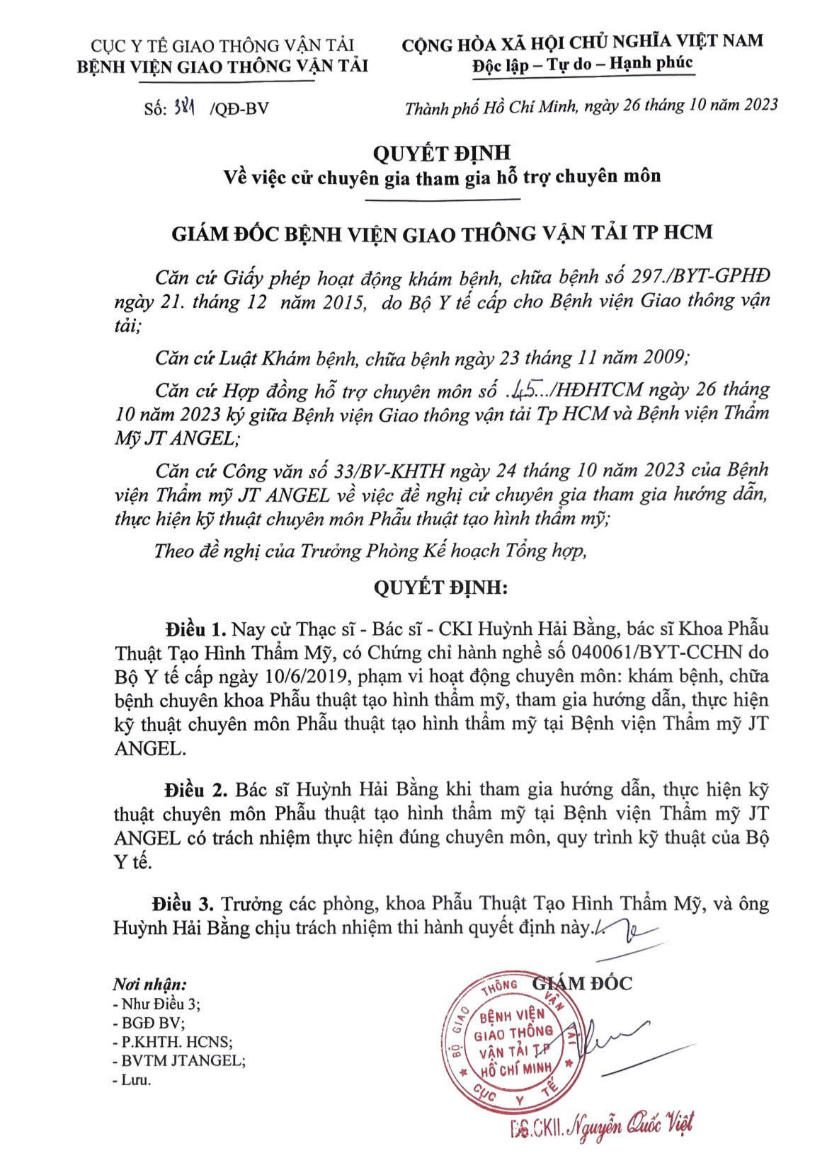 Quyết định của BV GTVT cử BS Việt tham gia HTCM BV JT Angel. 
