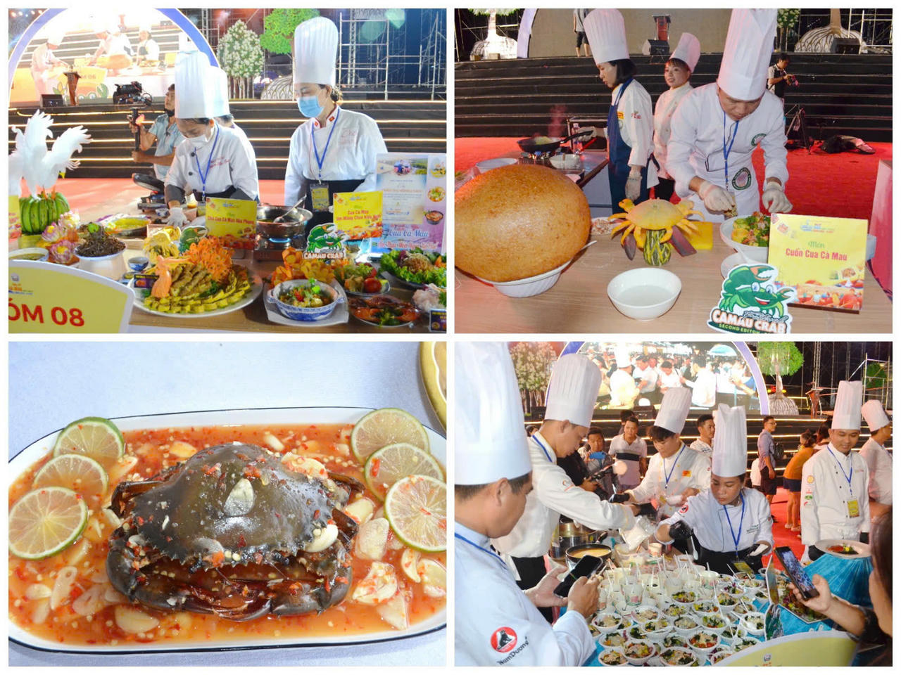 Hơn 100 đầu bếp trong và ngoài tỉnh tham gia quảng diễn, chế biến khoảng 100 món ngon từ cua Cà Mau, tạo điểm nhấn thu hút du khách.