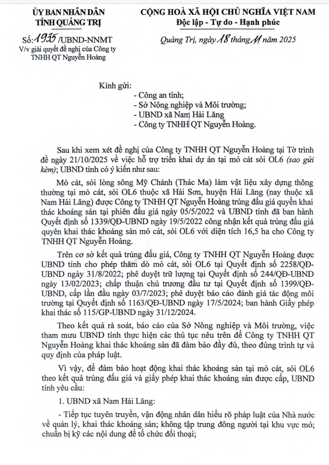 Văn bản chỉ đạo của UBND 
tỉnh Quảng Trị. (Ảnh: Sông Hương)