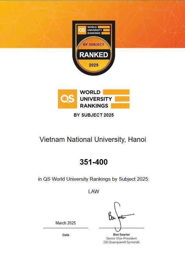 Chứng nhận xếp hạng QS World University Rankings by Subject 2025, ghi nhận Đại học Quốc gia Hà Nội thuộc nhóm 351–400 thế giới ở lĩnh vực Luật.
