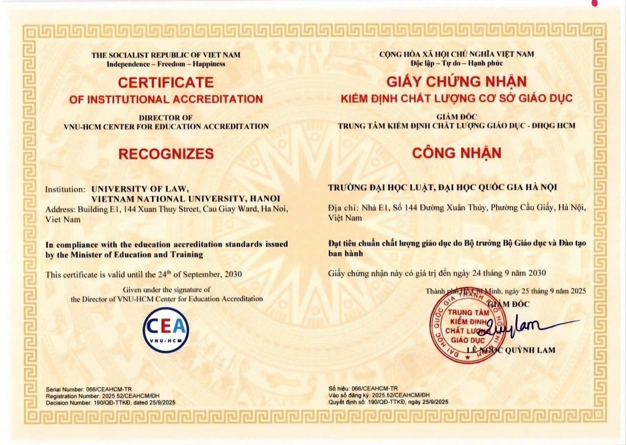 Giấy chứng nhận kiểm định chất lượng cơ sở giáo dục cấp cho Trường Đại học Luật - ĐHQGHN.