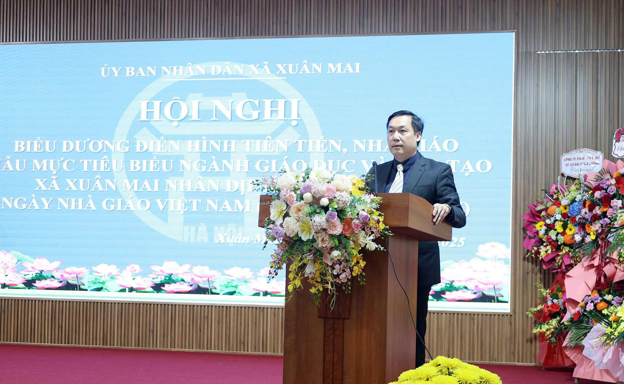 Ông Nguyễn Anh Đức - Chủ tịch UBND xã Xuân Mai phát biểu tại Hội nghị&nbsp;