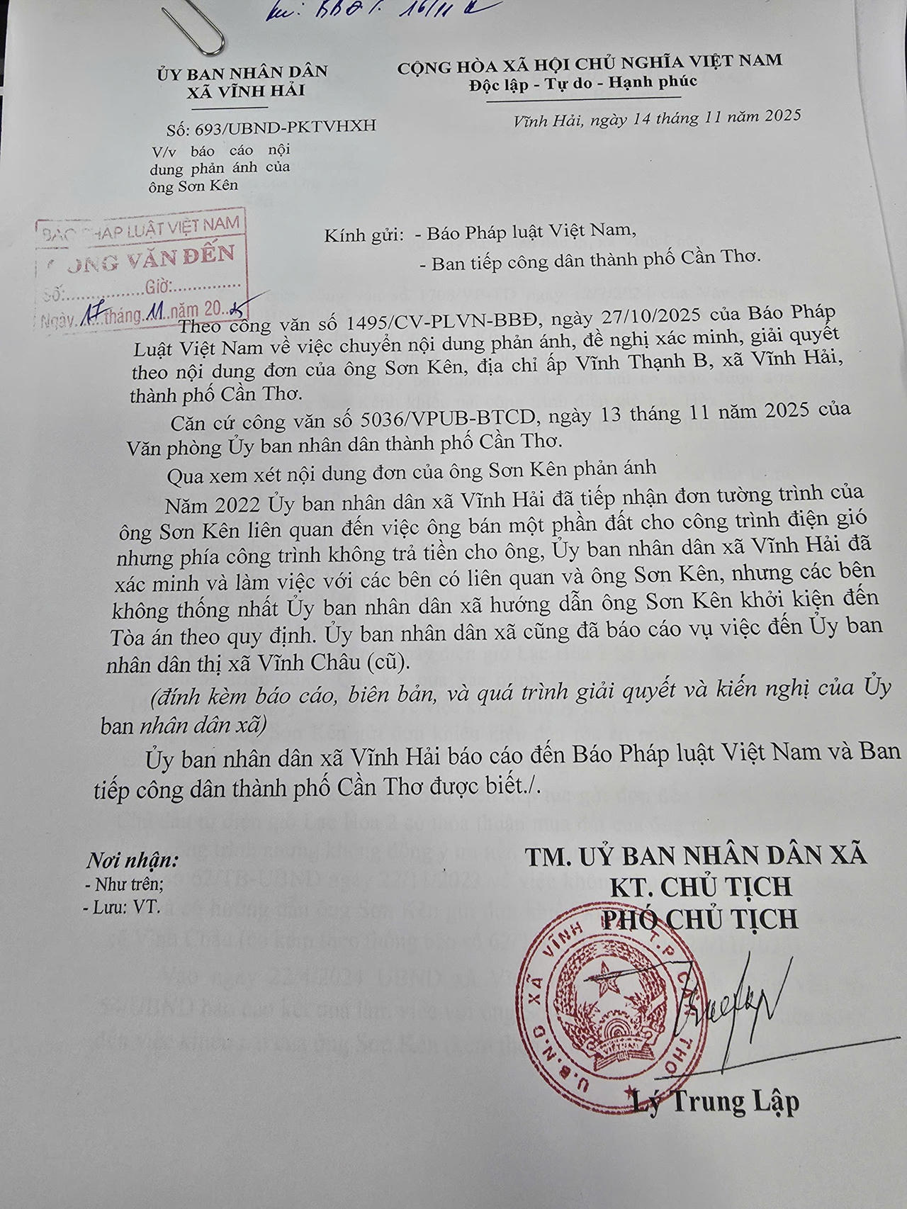 Văn bản 693/UBND-PKTVHXH của UBND xã Vĩnh Hải. (Ảnh: Vũ Tuấn)