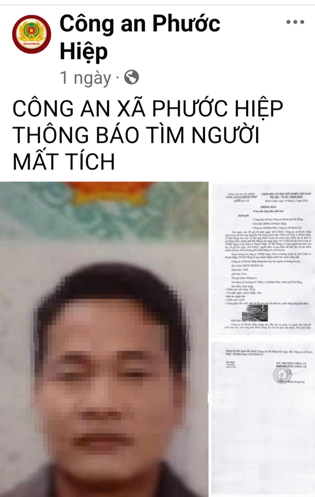 Công an xã Phước Hiệp thông báo tìm người mất tích trước đó.&nbsp;