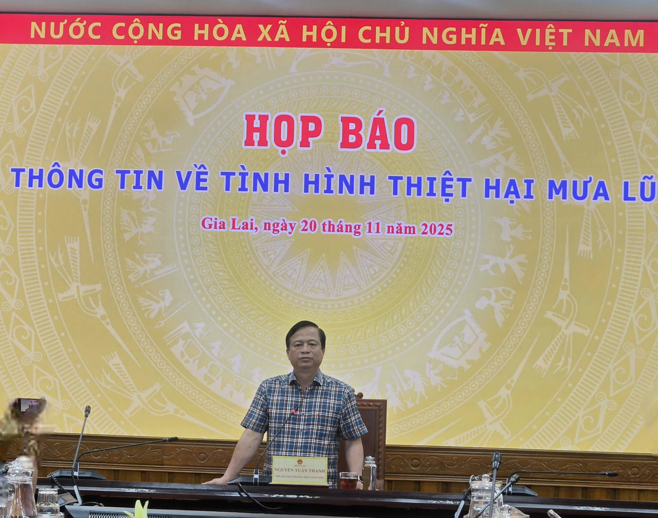 Phó Chủ tịch Thường trực Nguyễn Tuấn Thanh chủ trì họp Báo thông tin về tình hình thiệt hại do mưa lũ.