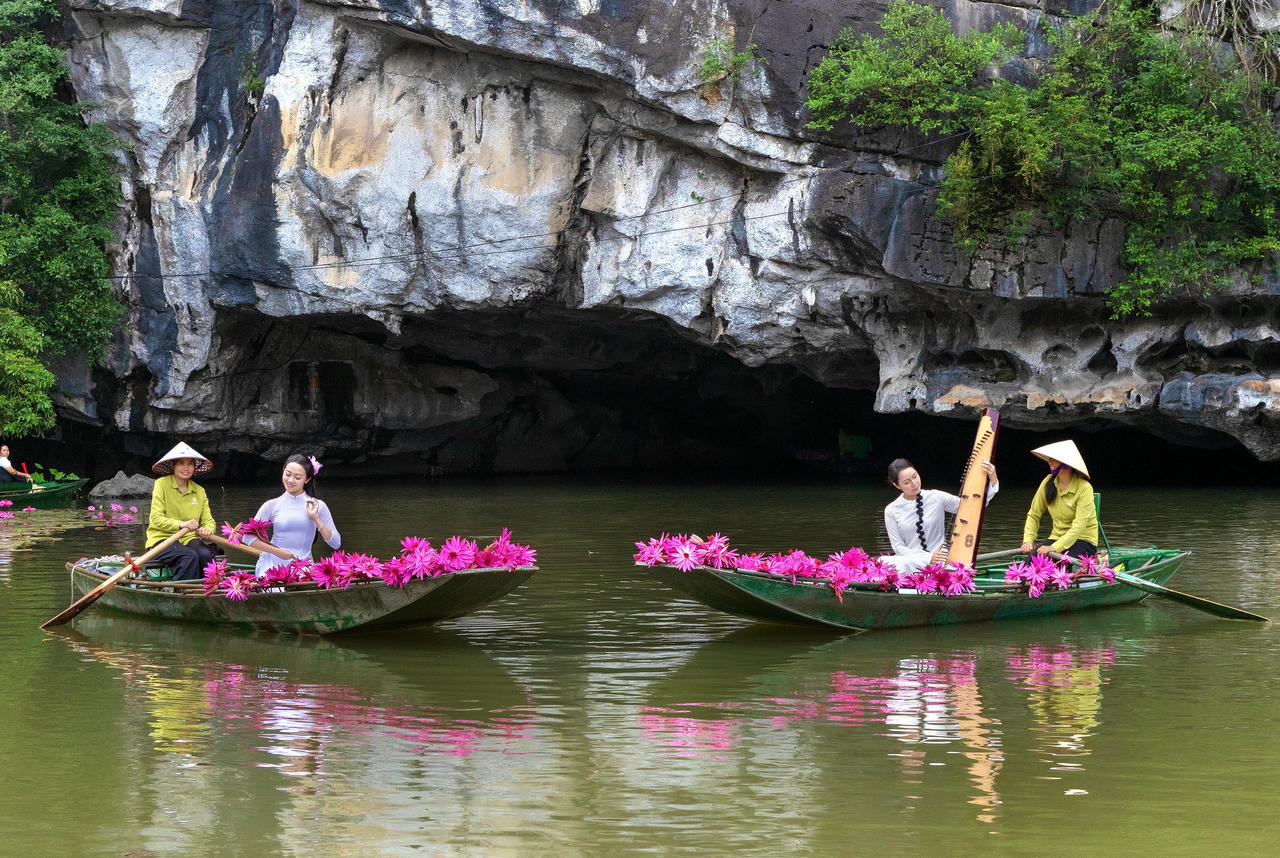 Vẻ đẹp huyền ảo của dòng Ngô Đồng khi hoa súng hồng tím khoe sắc, như một khúc tình ca nhẹ nhàng trôi giữa sóng nước và hang đá.