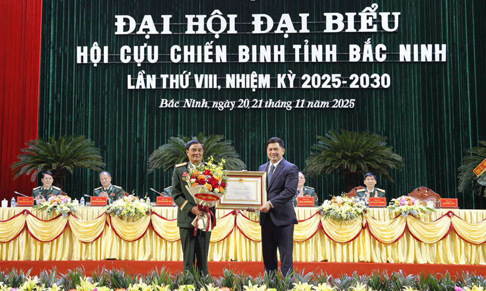 Thừa ủy quyền của Chủ tịch nước, ông Nguyễn Hồng Thái trao Huân chương Lao động hạng Nhì cho ông Trần Văn Thư, Chủ tịch Hội Doanh nhân CCB tỉnh Bắc Ninh.