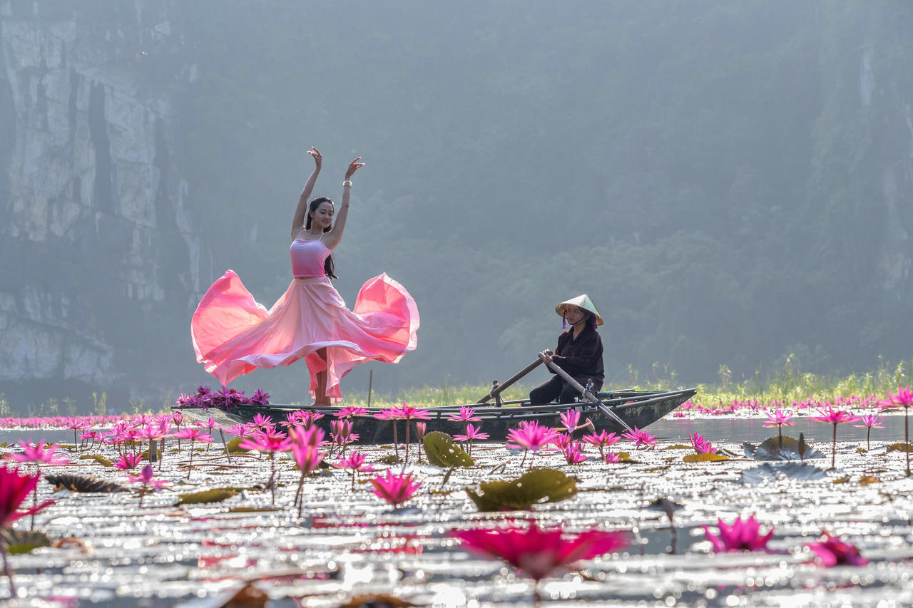 Du khách có thể tham gia tour chụp ảnh thuyền trên dòng Ngô Đồng, ghi lại khoảnh khắc hoa súng mùa thu trong ánh hoàng hôn hoặc sớm mai.