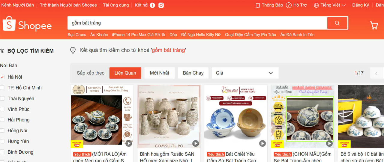  Các sản phẩm làng nghề Hà Nội như gốm Bát Tràng đã rất phổ biến trên các sàn TMĐT lớn nhất cả nước. (Nguồn: Ảnh chụp màn hình)