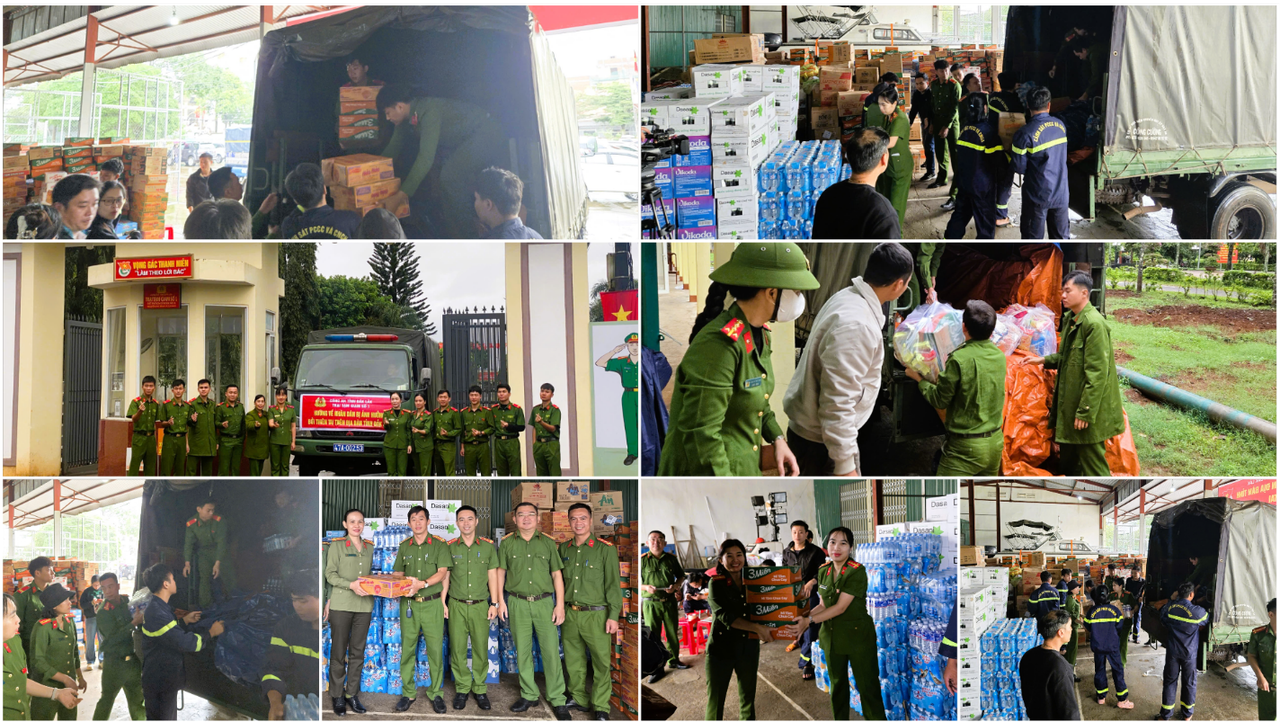 Cán bộ, chiến sĩ Trại tạm giam số 1 cùng các mạnh thường quân quyên góp nhu yếu phẩm hỗ trợ đồng bào vùng lũ với tổng giá trị khoảng 40 triệu đồng. (Ảnh: Đại Đậu)