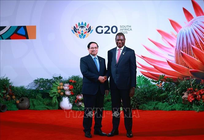 Phó Tổng thống Nam Phi Paul Mashatile đón Thủ tướng Phạm Minh Chính tham dự khai mạc Hội nghị Thượng đỉnh G20. Ảnh: Dương Giang/TTXVN