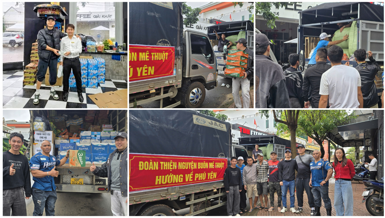 Người dân tập trung quyên góp tại điểm tiếp nhận do Trương Đình Hoàng tổ chức nhằm cứu trợ khẩn cấp cho bà con phường xã phía Đông Đắk Lắk (Phú Yên cũ). (Ảnh: Đại Đậu)