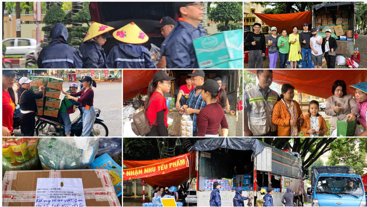 Người dân từ nhiều lứa tuổi, từ học sinh đến các cụ cao tuổi, quyên góp nhu yếu phẩm hỗ trợ đồng bào vùng lũ tại điểm tập kết quảng trường 10/3 trung tâm phường Buôn Ma Thuột. (Ảnh: Đại Đậu)