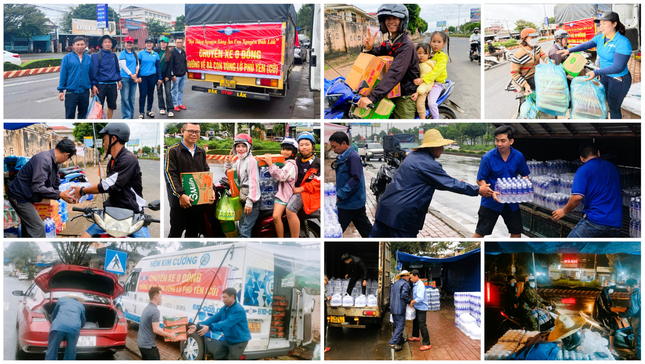 Điểm tiếp nhận hàng cứu trợ của Hội Nắng Ấm Cao Nguyên, chương trình “Chuyến xe 0 đồng” được đặt tại khu vực Đài Phát thanh (đối diện bến xe phía Nam, đường Lê Duẩn). Toàn bộ hàng hóa sẽ được hội tổ chức vận chuyển trực tiếp đến các địa phương chịu ảnh hưởng nặng của lũ. (Ảnh: Đại Đậu)