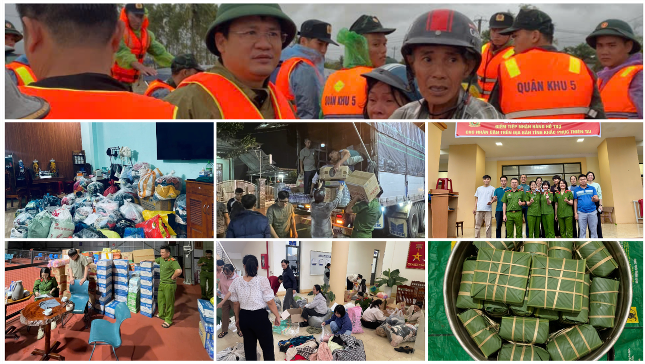 Lãnh đạo và toàn thể cán bộ, chiến sĩ Văn phòng Cơ quan CSĐT Công an tỉnh Đắk Lắk chuyển nhu yếu phẩm tới điểm tập kết, hỗ trợ người dân vùng lũ lụt tỉnh Đắk Lắk. (Ảnh: Đại Đậu)