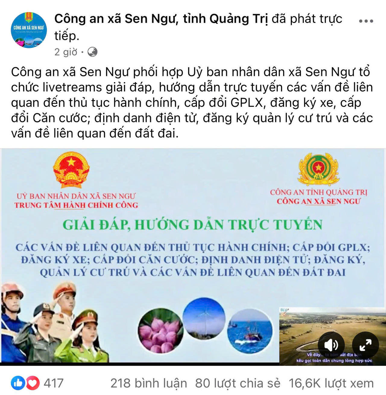 Livestream giải đáp thủ tục hành chính của Công an xã Sen Ngư, tỉnh Quảng Trị, gây "bão tương tác".