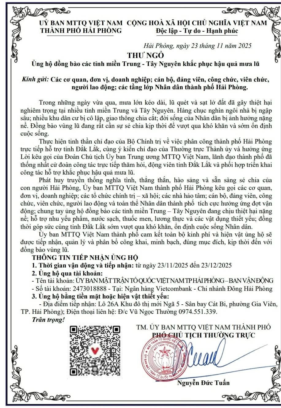 Thư kêu gọi của&nbsp;Ủy ban MTTQ Việt Nam TP.