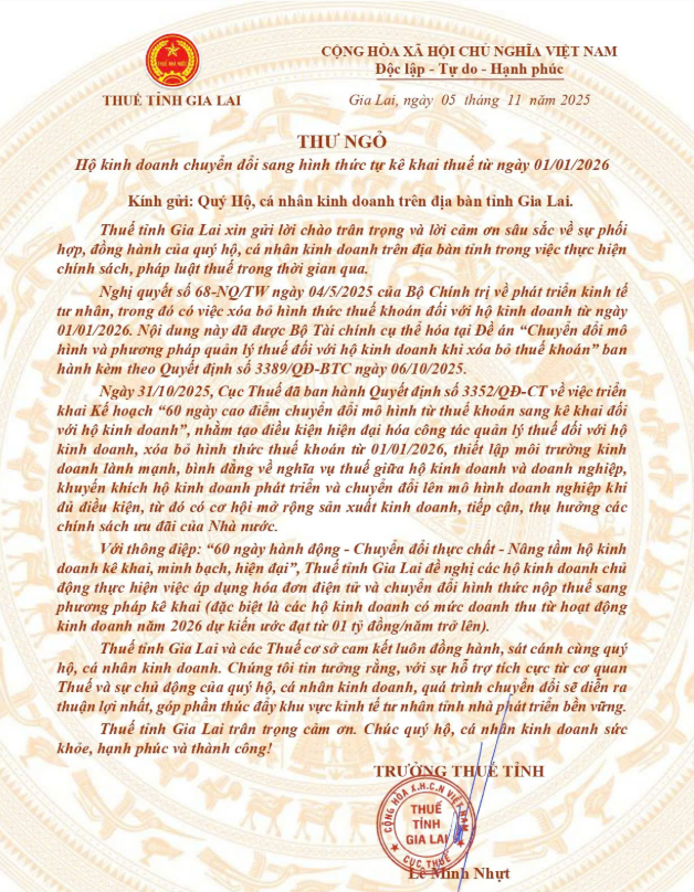 Thuế Tỉnh Gia Lai đã có thư ngỏ gửi các hộ kinh doanh chuyển đổi sang hình thức tự kê khai thuế từ ngày 01/01/2026.
